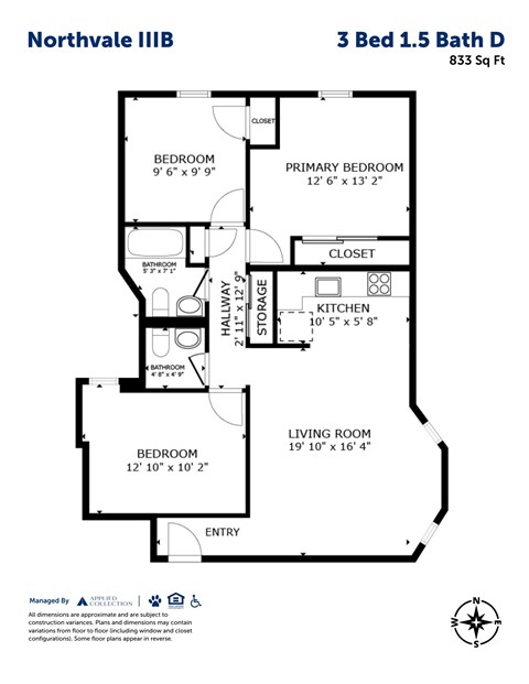 Floor plan for 3 beds, 1.5 baths, 800 sqft
